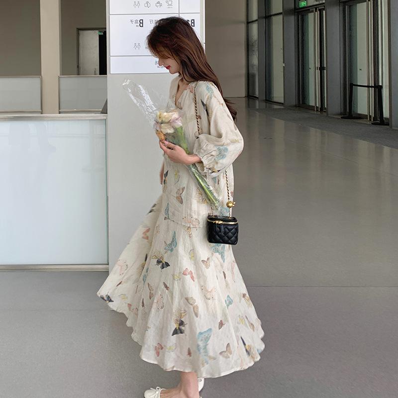 Printed Dress for Women In Spring and Summer, Retro Gentle Style, Covering The Flesh and Showing A Slimming V-neck Long Skirt