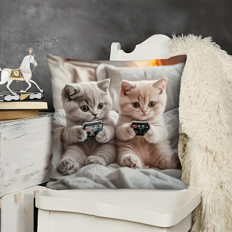 1Pc Cats Playing Game Cute Throw Pillow Cover,Suitable For Sofa,Bedroom,Living Room,Gaming Room,Cute Healing Gift For Cat Lovers