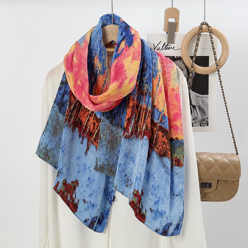New Tie-dyed Pleated Satin Silk Hijab For Women Printed Headscarf Wraps Scarf Long Shawls Scarves Muslim Women's Hijabs Foulard
