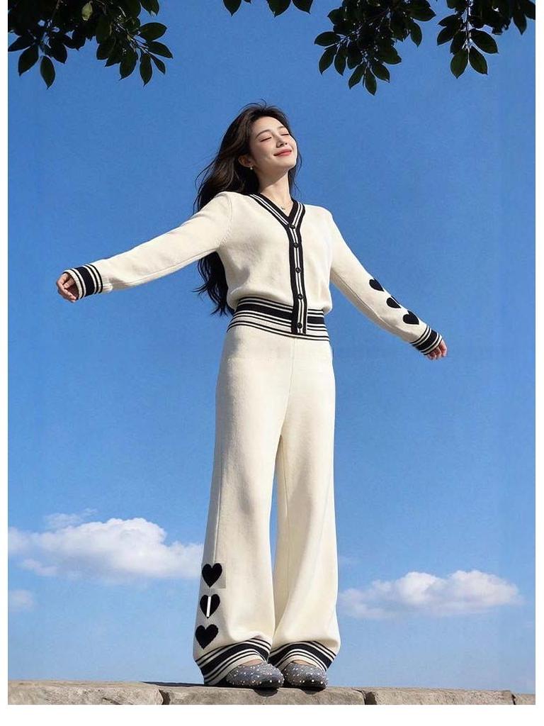 7783 Korean Fashion Rich Girl Heart Color Block Knit Cardigan & Long Pants Set - Fall/Winter