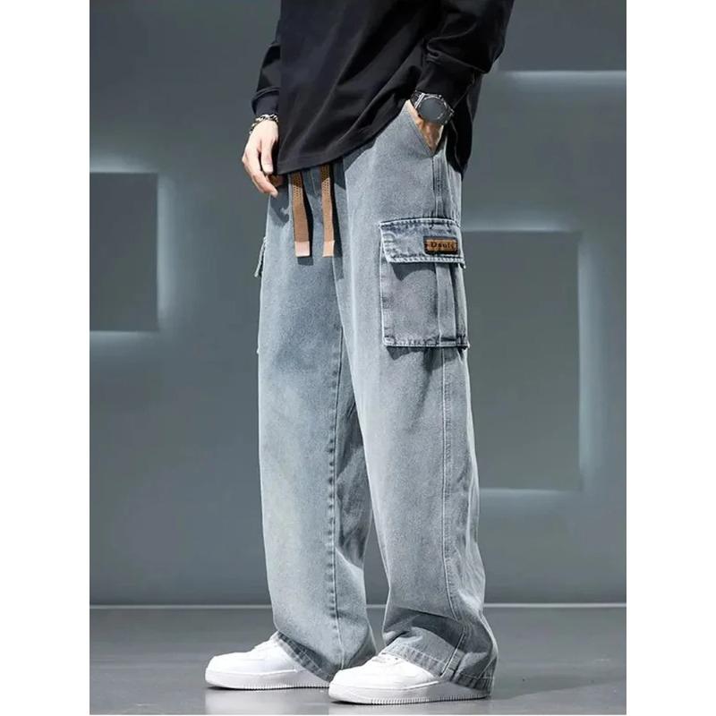 Jeans Wide Leg Washing Pants Men Trousers Neutral Solid Color Loose Casual Korean Fashion Pocket Cargo Pant