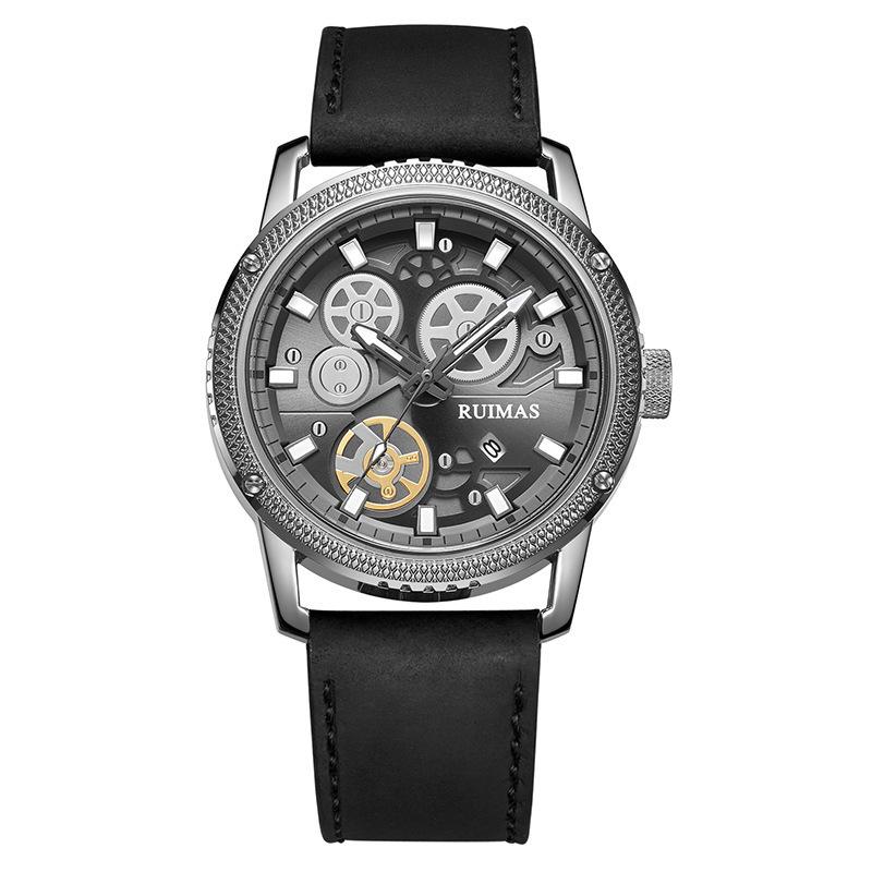 Men S Fashion Sports Watch, Mechanical Wind Luminous Leather Waterproof Quartz Watch 306