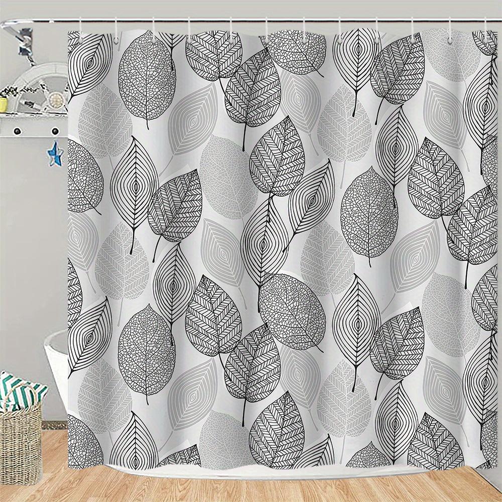 1 Piece Grey Leaf Pattern Shower Curtain With Hooks, Polyester Fabric Bathroom Divider, Modern Home Room Decor Accessory