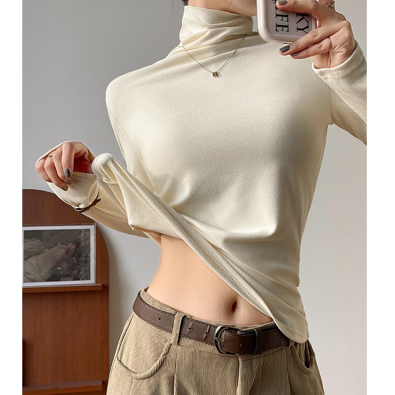 

Solid Color Turtleneck Bottoming Shirt for Women with Spring and Autumn New Foreign Style Apricot Long-sleeved T-shirt Polished Comfortable Top XL чорний
