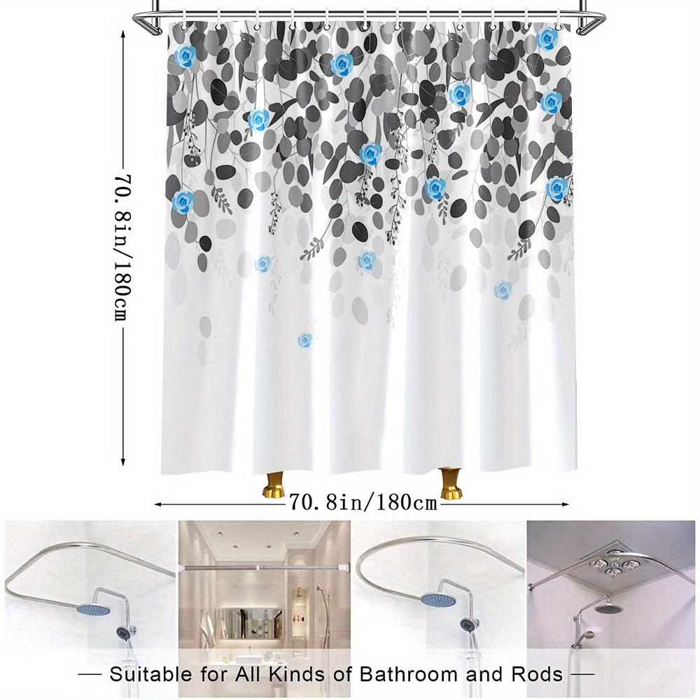 1Pc Blue Rose And Gray Leaves Shower Curtain - Elegant Watercolor Botanical Pattern, Polyester Fabric, Machine Washable