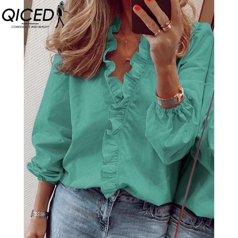 QICED Damenmode, lässig, einfarbig, langärmelig, V-Ausschnitt, Blusen und Hemden