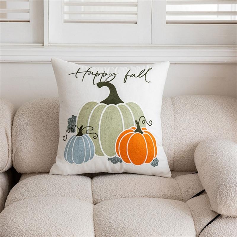 Cushion Cover Colorful Pumpkin Embroidery Cushion Case Throw Pillow Cover for Sofa and Bedroom Comfort, Poly Cotton