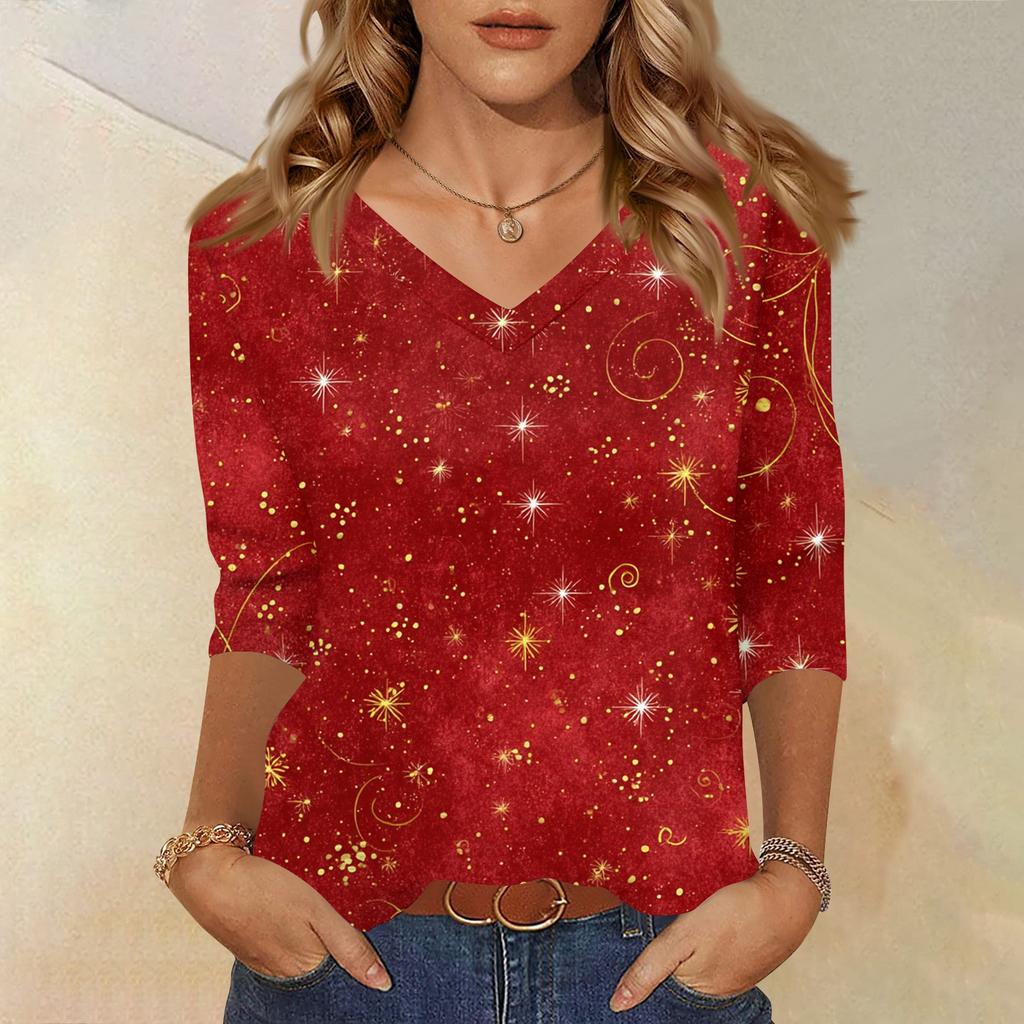 Damen T-Shirt Weihnachtsdruck 3/4 Ärmel Täglich Wochenende Mode Basic V-Ausschnitt Reguläres Oberteil
