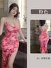 Sexy Sleepwear Small Chest Seduces Cheongsam Slit Printed Long Dress Elegant Pink Sweet Dresses 2025 New Fashion Women JZI4