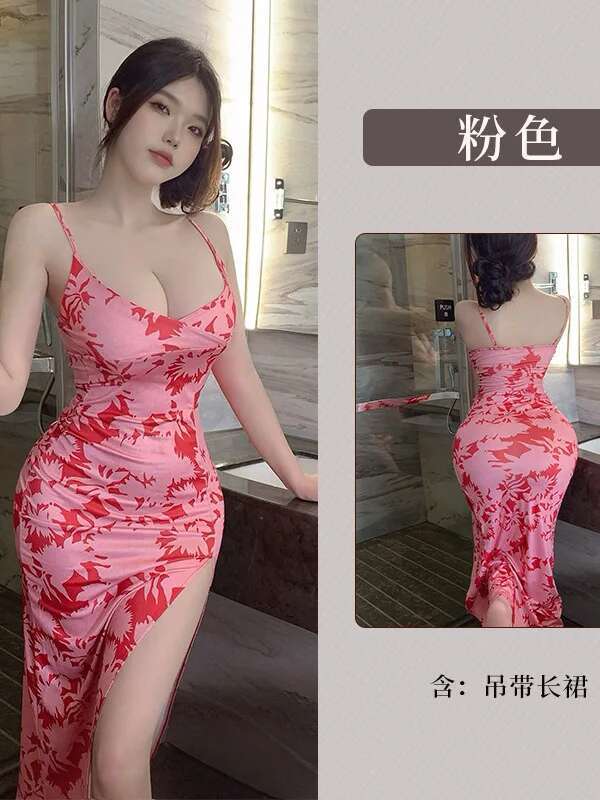 Sexy Sleepwear Small Chest Seduces Cheongsam Slit Printed Long Dress Elegant Pink Sweet Dresses 2025 New Fashion Women JZI4