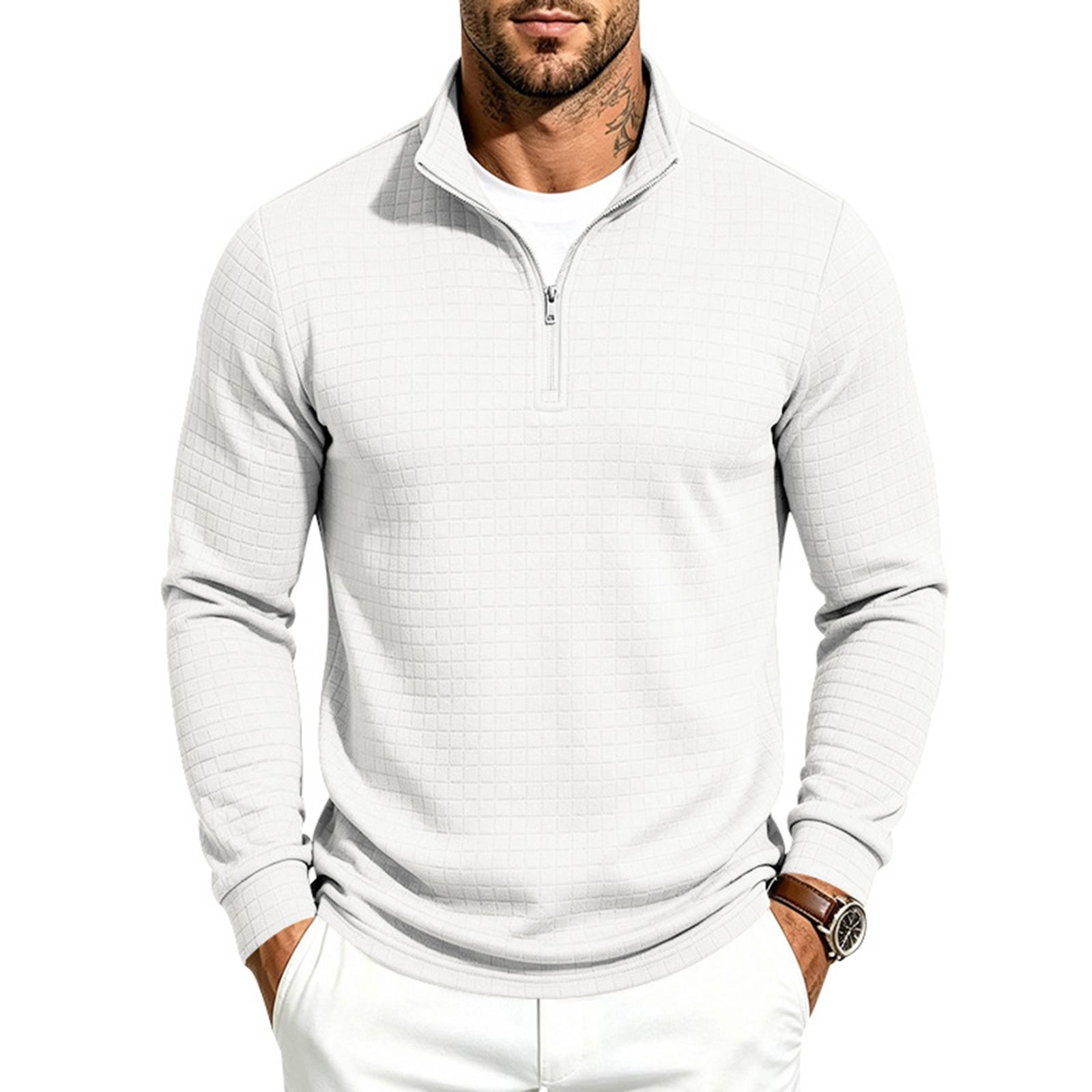Men's Casual Long Sleeve Zip Up Stand Collar Plaid Shirt XL fehér
