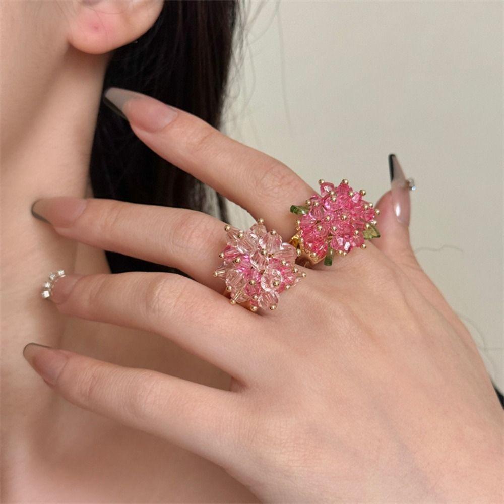 Korean Style Y2K Open Ring Firework Finger Buckle Cute Beaded Flower  Ring  Decoration