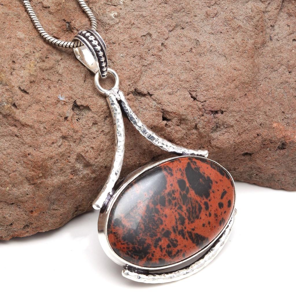 Mahagoni Obsidian Handgefertigt Damen Unisex Silberschmuck Anhänger 2.5