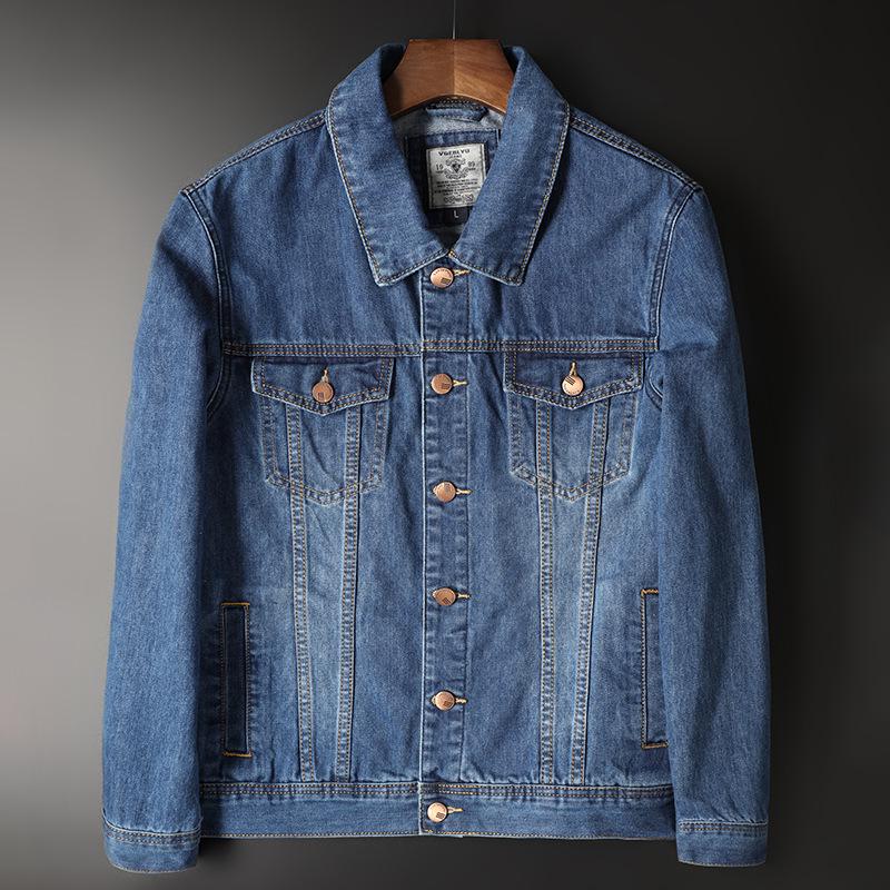 Men's Solid Color Denim Jacket - Long-Sleeve, Loose Fit, Casual Workwear, Spring Collection, Large Sizes Available.