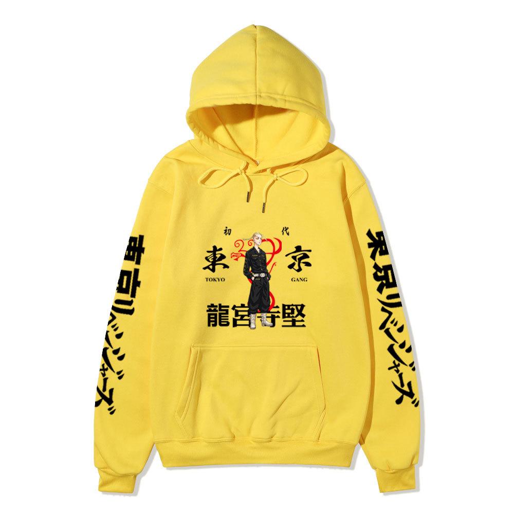 Tokyo Revengers Hoodie with Ryuguji Ken Print, Long Sleeve Pullover Sweatshirt, Anime Street Casual Unisex Sweatshirt with Japanese Text Sleeves