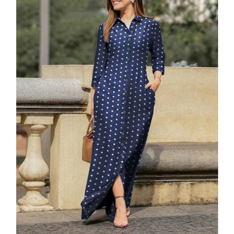 GMXIA Moda damska Lato Wiosna Jednolity kolor Drukuj Z długim rękawem POLO Dekolt Luźne, swobodne sukienki z guzikami