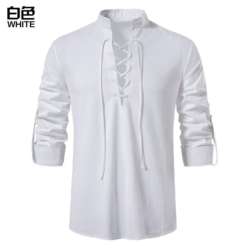 Men's New Men's Cotton and Linen Henley Shirt Long Sleeve Hippie Casual Beach Stand-Up Collar Shirt