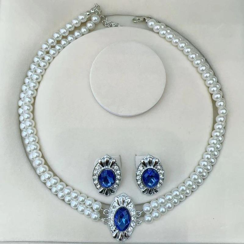 Retro Imitation Pearl Multi-layer Necklace - Green Rhinestone Luxury Necklace