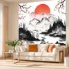 Japanische Berg-Wandbehang für Schlafzimmer, Ästhetische Anime Schwarz-Weiß Kunst Wandteppich, Aquarell Landschaft Wandbehang