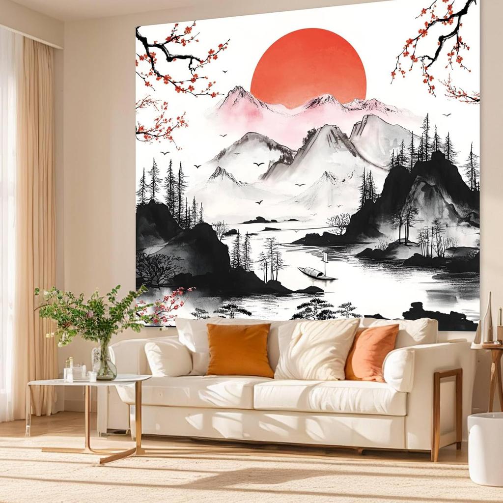 Japanische Berg-Wandbehang für Schlafzimmer, Ästhetische Anime Schwarz-Weiß Kunst Wandteppich, Aquarell Landschaft Wandbehang