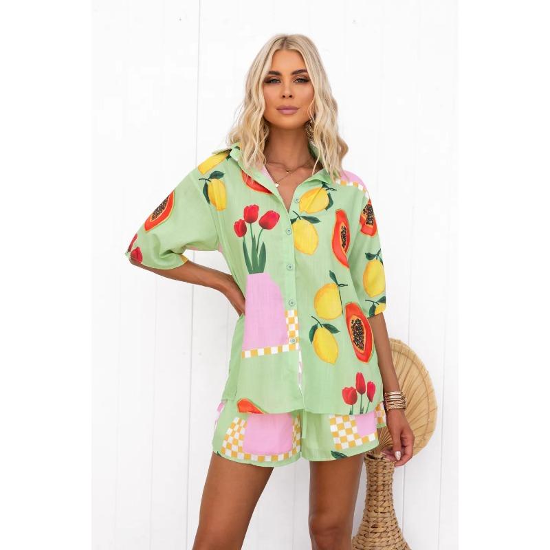 Nové ležérní dámské šortky Dvoudílná sada všestranné kardiganové košile s potiskem