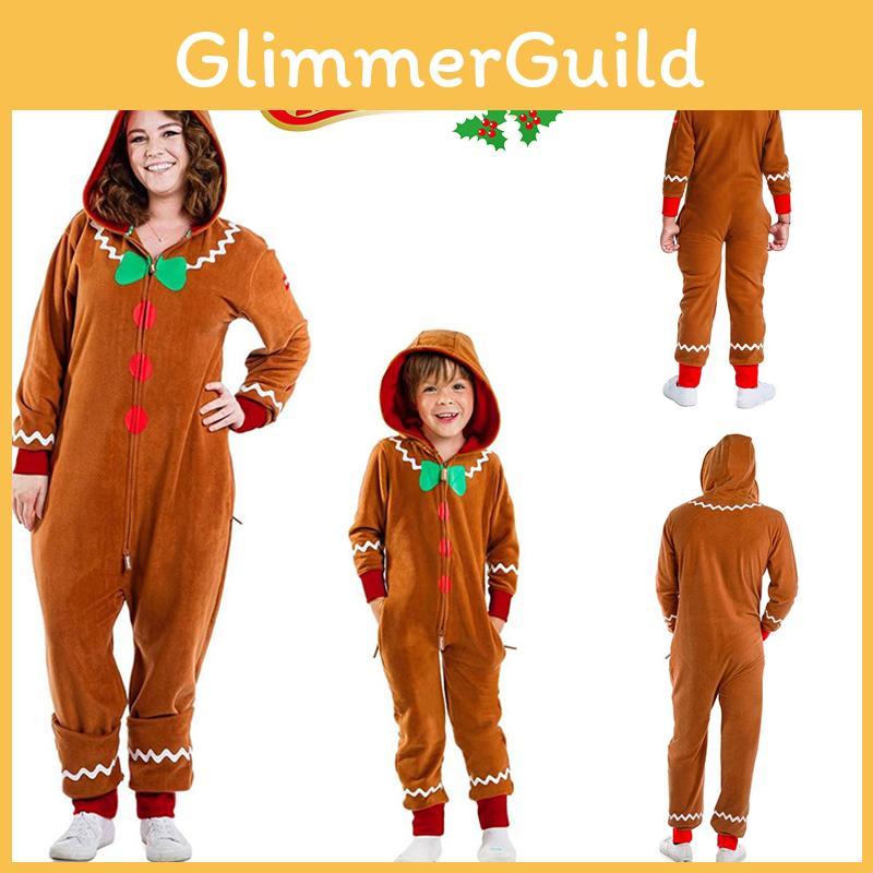 Christmas Gingerbread Man Cosplay Costume Kids Adult Hooded Jumpsuits