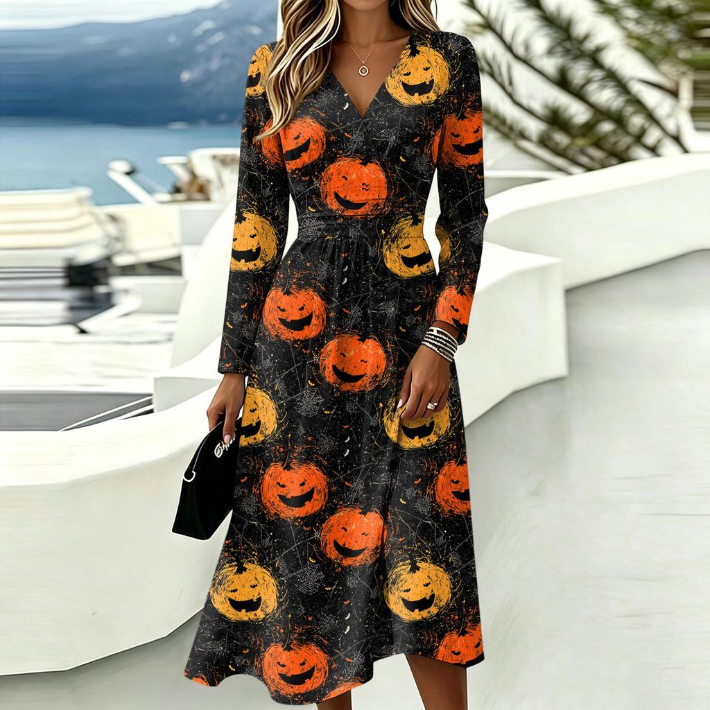 Women's Stylish Halloween Print Long Sleeve V-Neck Casual Dress with Pockets