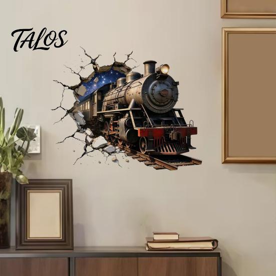 Wall Renovation Stickers for Renters 3D Retro Train Sticker, Break Through Decal, Peel and Stick Art Durable Scratch Resistant Cover Mural Kids
