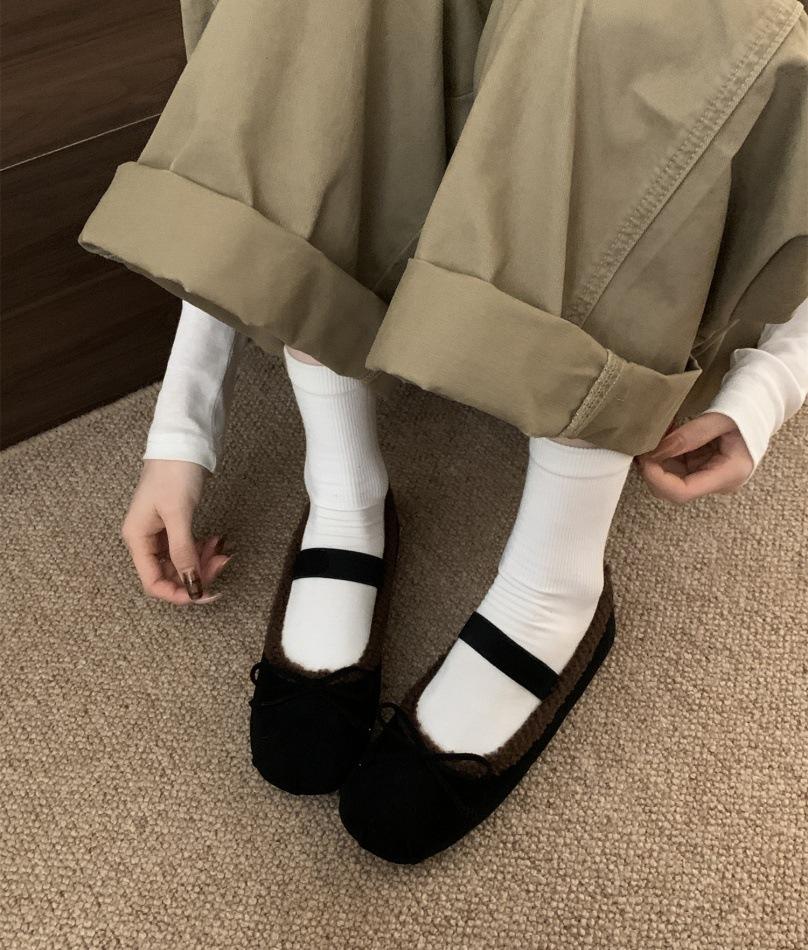 2025 autumn and winter new flat-bottomed bow velvet Mary Jane shoes women's warm ballet shoes lamb wool single shoes