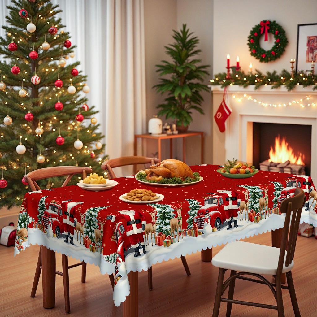 Christmas Tablecloth, Snow Santa Reindeer Sleigh Gift, Red Holiday Tablecloth, Restaurant Tablecloth