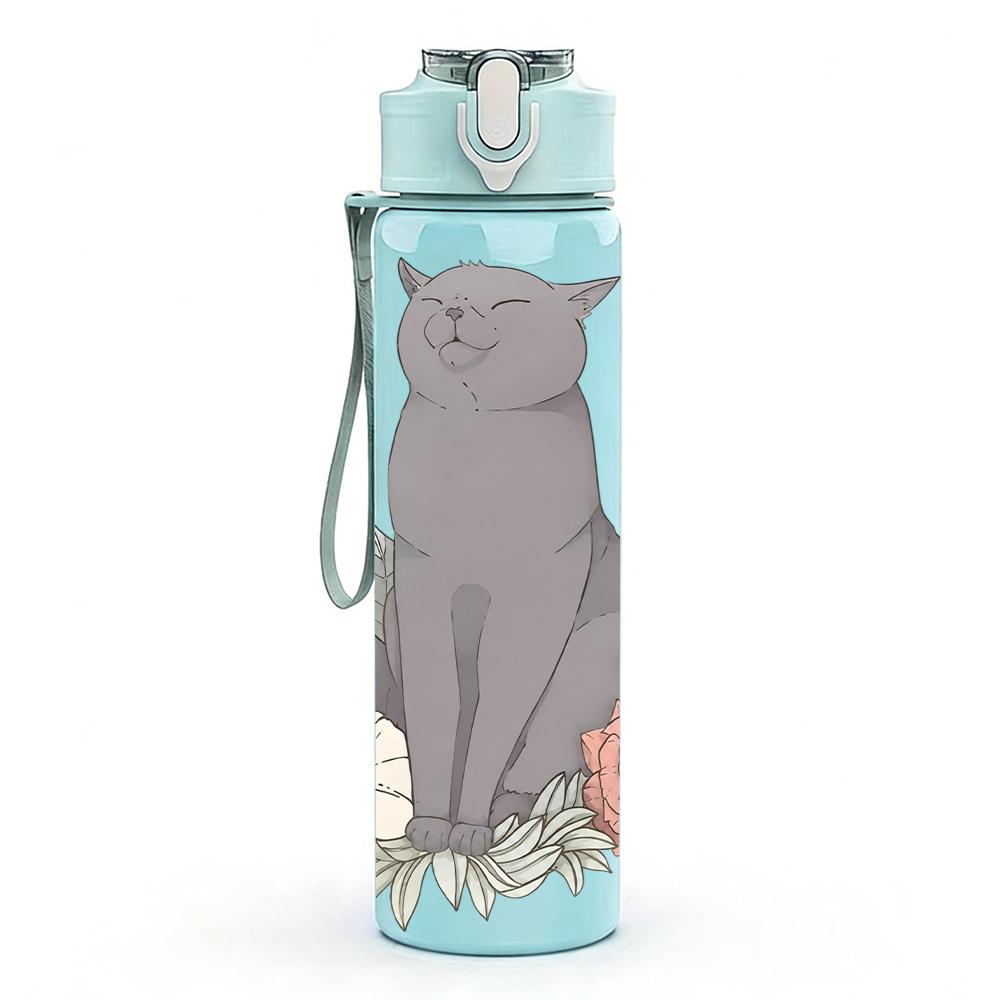 1 Stück Graue Katze Rose Blume Floral Brustkorb 750ml Farbe Kunststoff Wasserflasche Auslaufsicher Klappdeckel mit Strohhalm Für Sport Büro Zuhause
