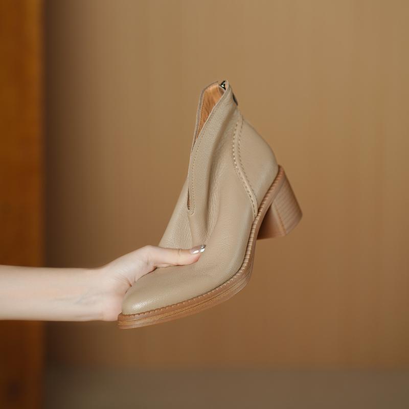 Fashion 2025 Autumn Women Boots Pointed Toe Chunky Heel Sheepskin Leather Women Shoes Short Modern Boots Winter High Heel Mid-calf Boots