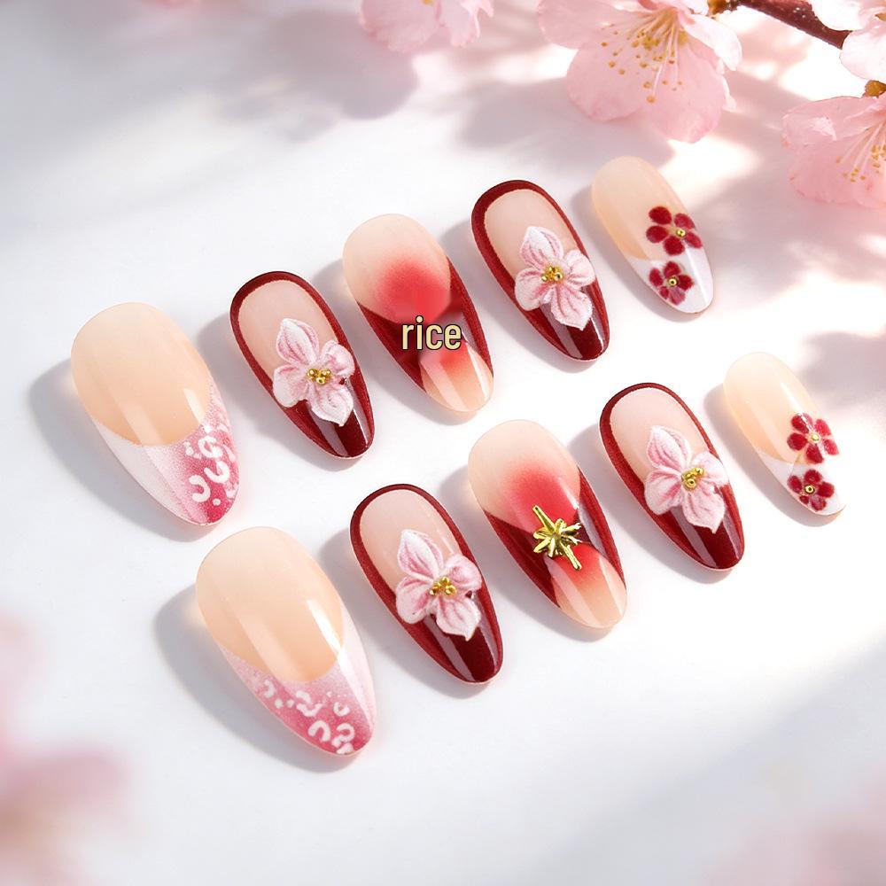 Cherry Blossom Embossed Gold-Plated 3D Press-On Gel Nails - 24 Pieces