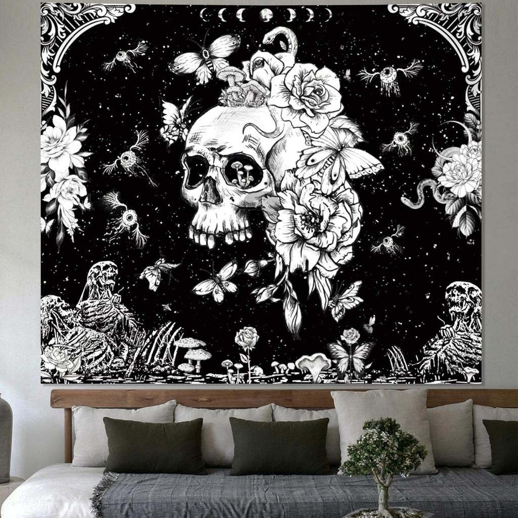 Black and White Gothic Tapestry for Bedroom Aesthetic,Skeleton Goth Witchy Tapestries Wall Hanging, Skull Floral Poster Backdrop