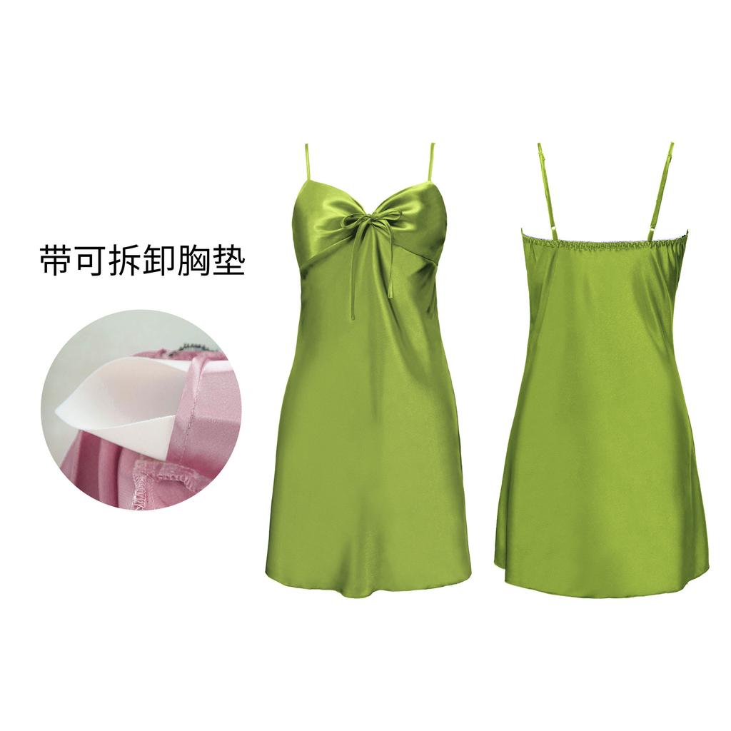 Women's Summer Ice Silk Sleepwear Sexy Backless Nightdress Padded Cami Sleep Dress Short Solid Loungewear