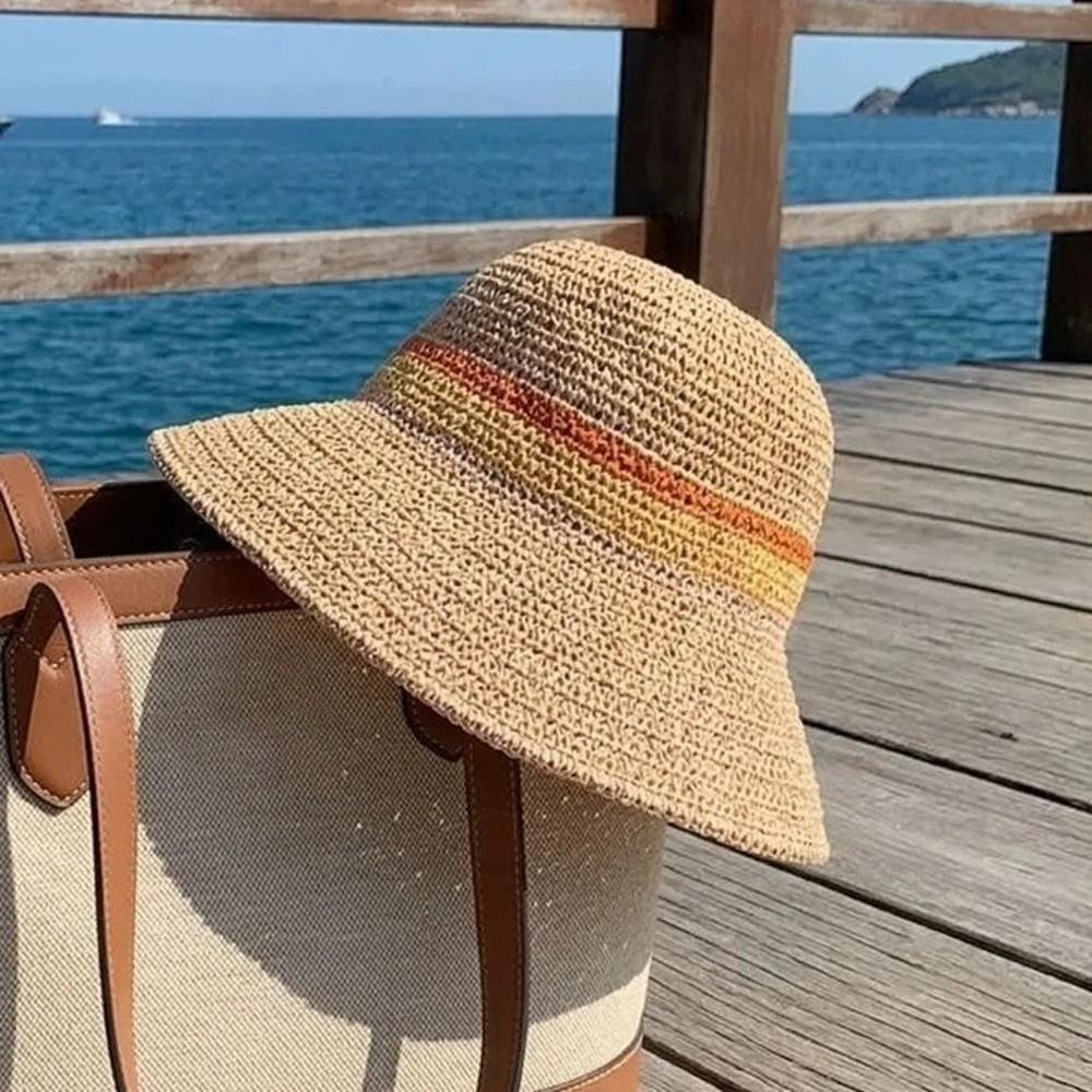Breathable Hollow Straw Cap Contrast Stripes Sun Hat Simple Wide Brim Bucket Hat  Outdoor