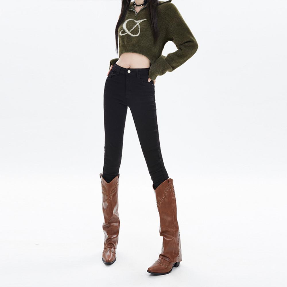 New 2025 autumn and winter simple high street casual slim pants women's elastic high and thin jeans