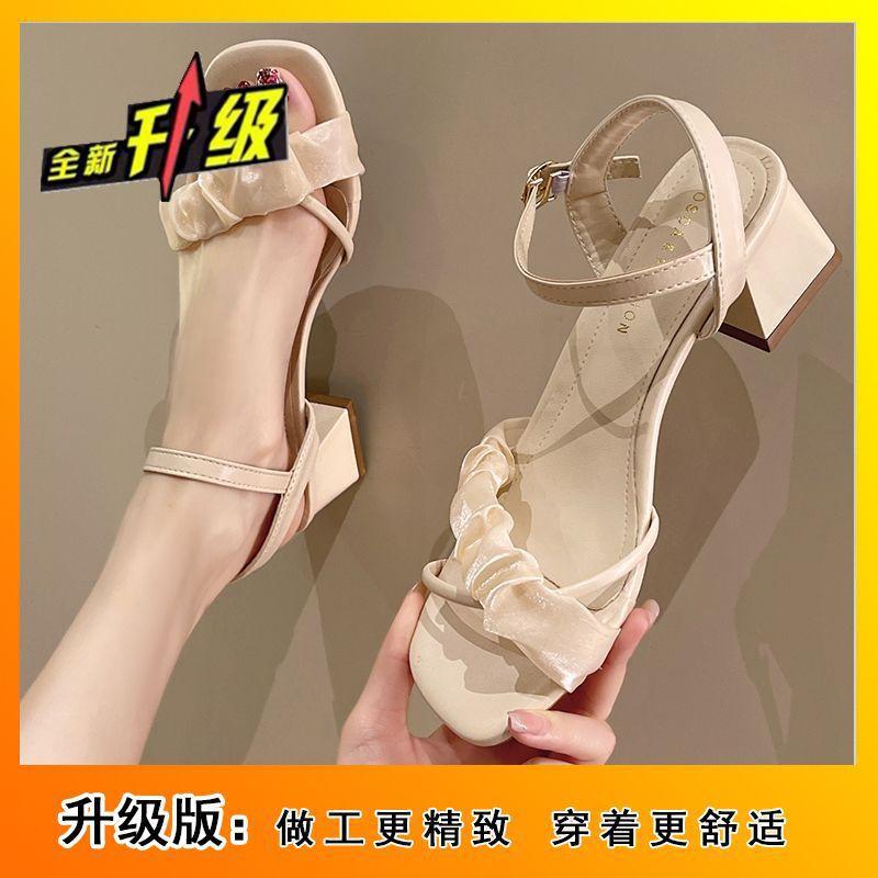 One-word Buckle with Square Heel Fashion Sandals 2025 Summer New Casual Simple Solid Color Square Head Open-toed High Heels Women