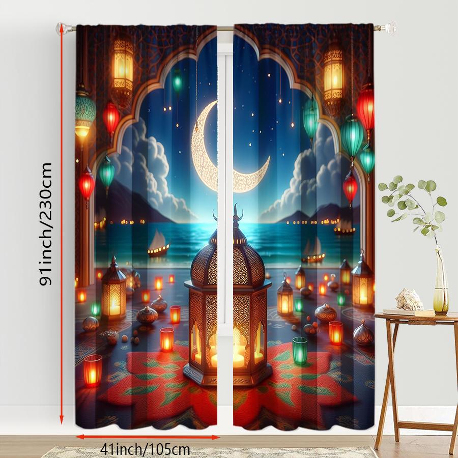 2pcs Festive Lantern & Crescent Night Scene Curtains, Ideal for Ramadan/Eid Window Decor,Rod Pocket Curtains