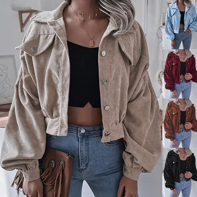 Women Loose Lantern Long Sleeve Corduroy Casual Short Jacket Outerwear