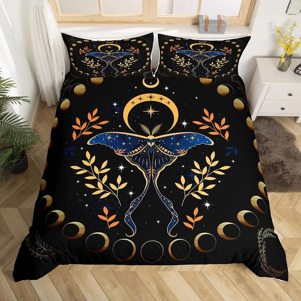 Gold Gothic Moth Duvet Cover Set Plant Pattern Bedding Sets Ultra Soft Lightweight Microfiber Queen King Comforter Cover 2/3 Pcs