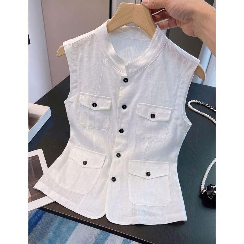 Summer Women Sleeveless White Waistcoat High End Texture Cotton Linen Stand Collar Old Money Style Outer Vest