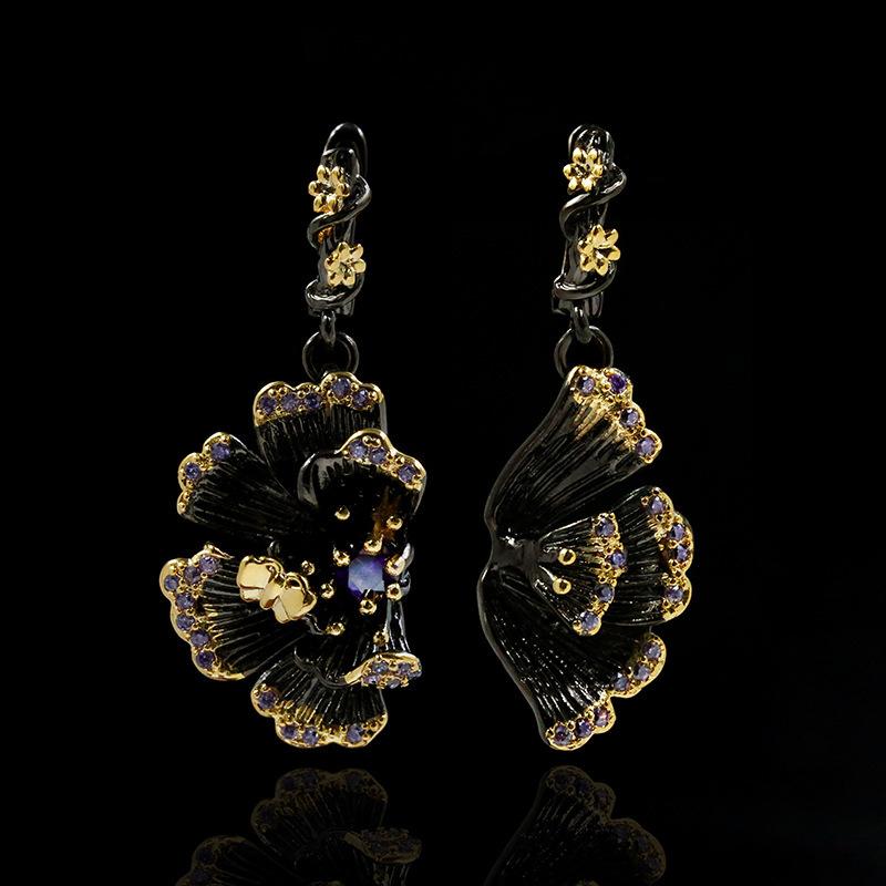 New retro sunflower earrings high-end flower zircon personality gold exaggerated black and gold two-tone earrings jewelry gift
