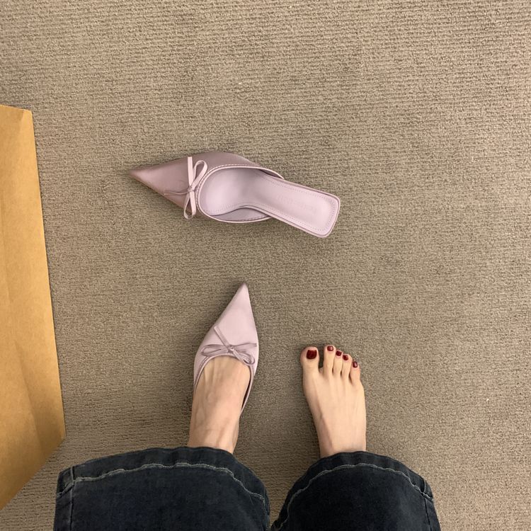 French Bow Pointed Head Stiletto Slippers Women's Early Spring New Bag Head Half Slippers Temperament Wearing Sexy High Heels