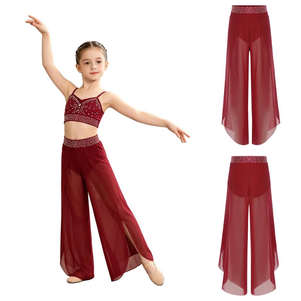Kids Girls Lyrical Dance Pants Shiny Rhinestone Waistband Side Split Mesh Trousers for Stage Performance Competition