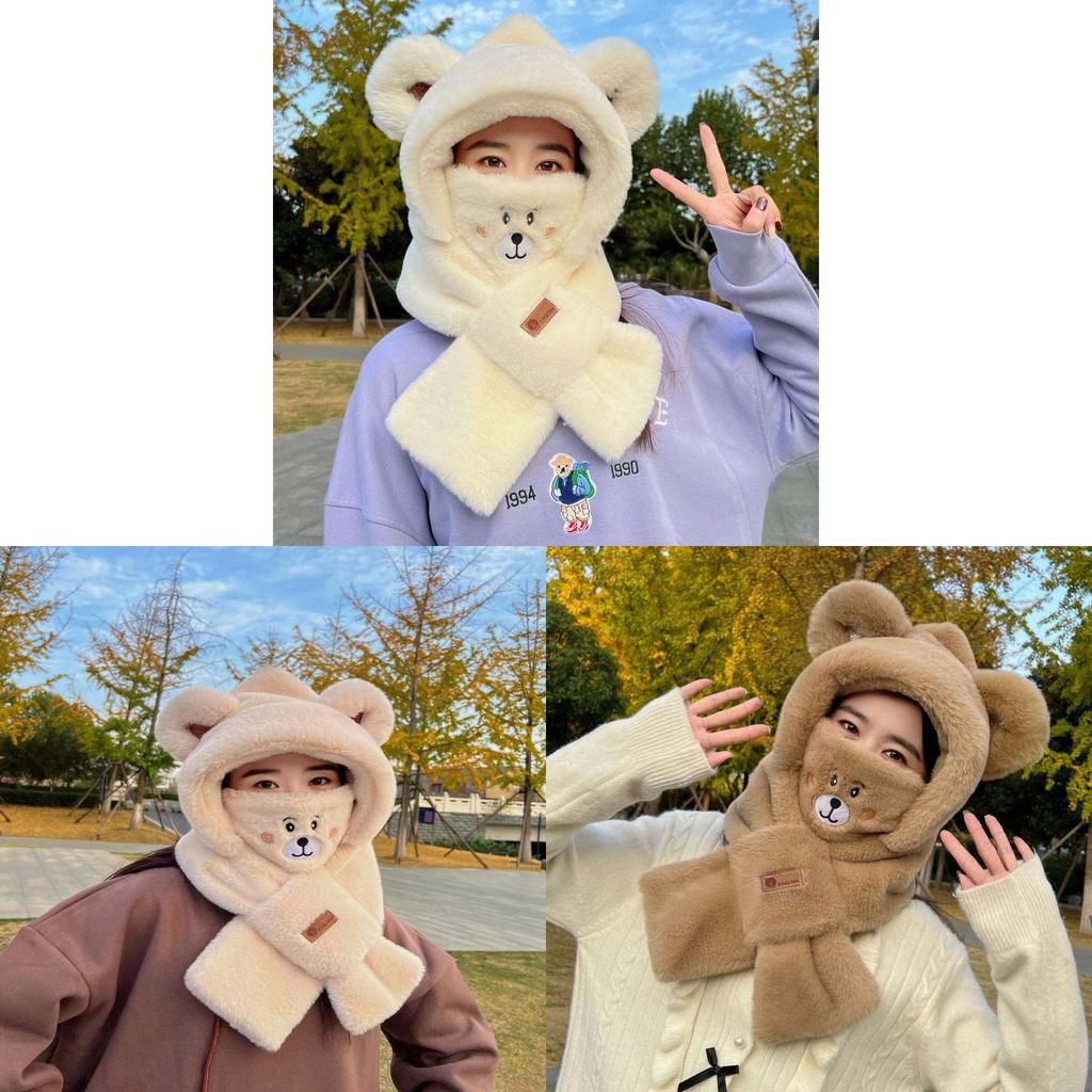 Winter Fashion Fluffy Bear Cap With Integrated Scarf And Mask For Casual Wear