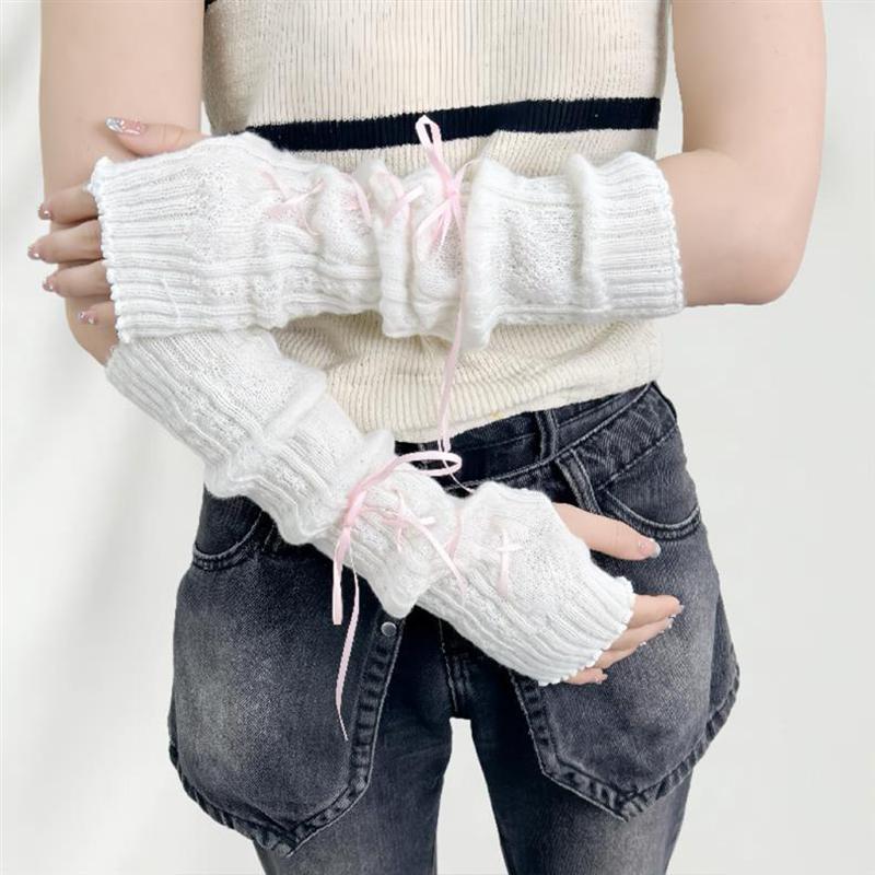 Women'S Bow-Knot Hand Sleeve Half-Finger Gloves Knitted Wool Ribbon Sleeves Fashionable Ballet Style Arm Sleeves