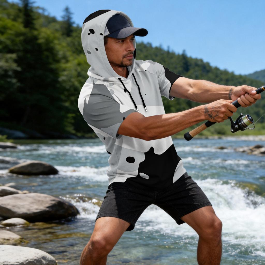 Men's Camouflage Print Raglan Sleeve Casual Sport Fishing Short Sleeve Hoodie Lightweight Breathable Outdoor Top