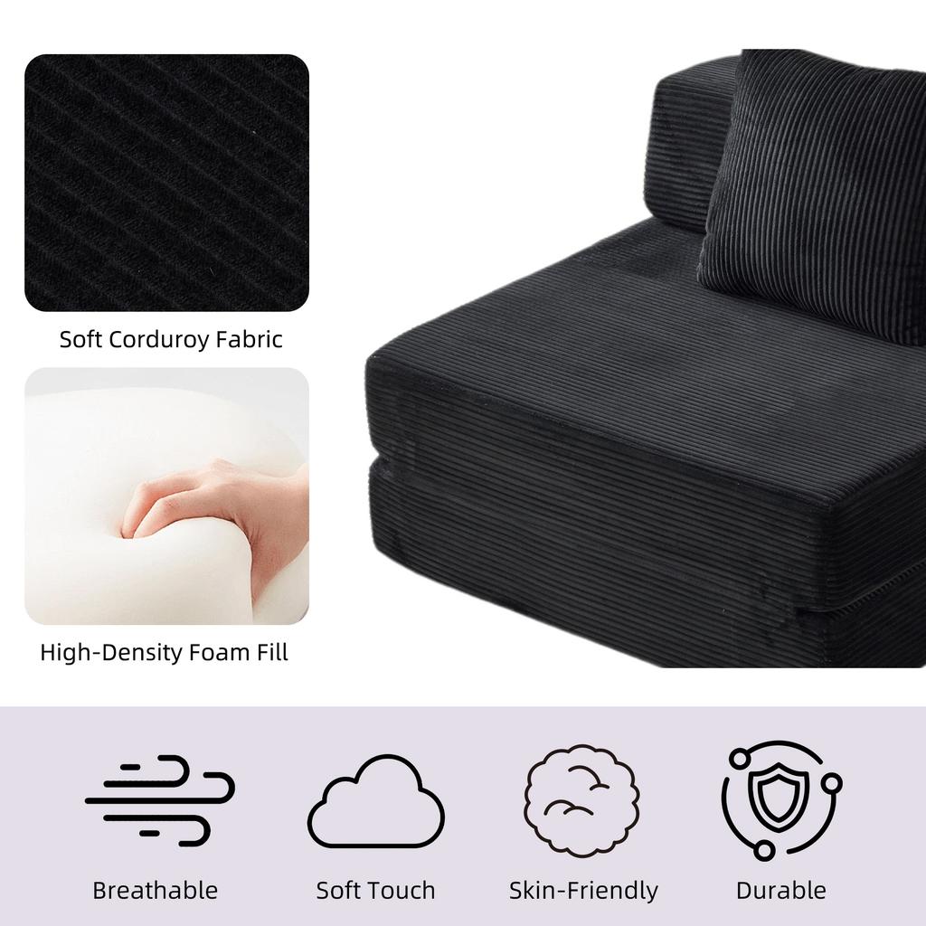 Floor Couch,Compression Sofa,Convertible Sofa Bed-with Pillow Back Support Armrest,Corduroy Fabric,for Living Room Bedroom,Black