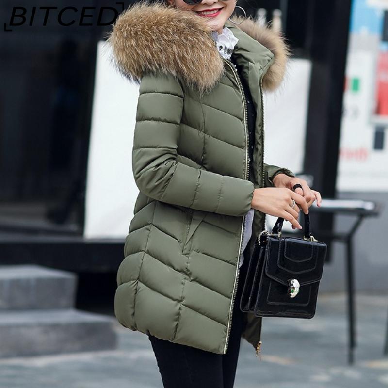 BITCED Winter Coat for Women - Mid-Length Slim-Fit Cotton Jacket with Large Fur Collar and Down-Filled Quilted Design